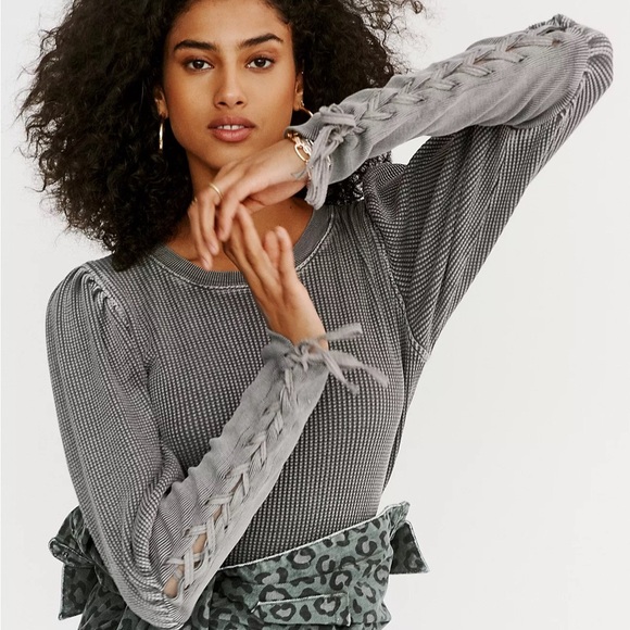 Free People Sweaters - Free People FP One Tasha Thermal Lace-Up Sleeve Top – M